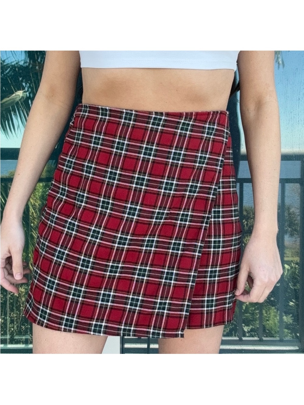 Hollister Red Plaid Faux Wrap Mini Skirt M